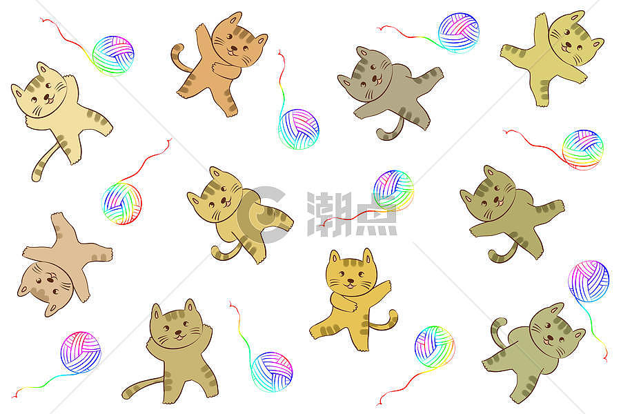 卡通小猫和彩色毛线团素材图片素材免费下载
