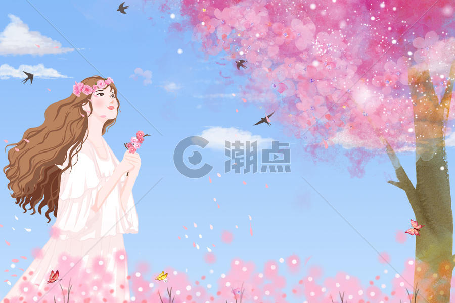 浪漫樱花树下的少女图片素材免费下载