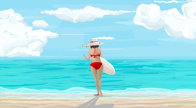 夏天海边冲浪女孩儿图片素材免费下载