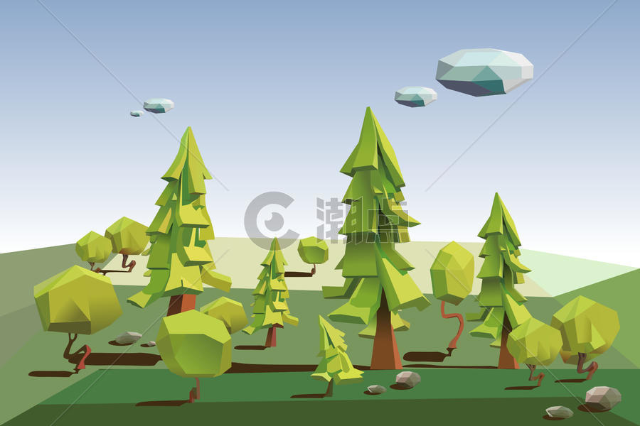 绿色低多边形森林，3D树的立体大自然图片素材免费下载
