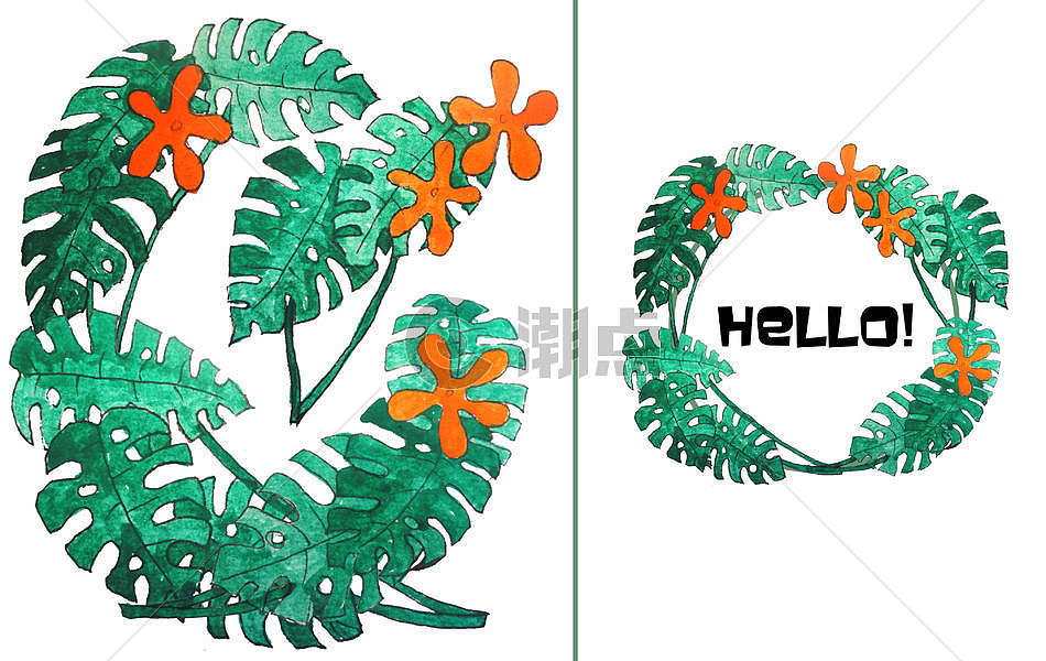 手绘水彩龟背竹和花图片素材免费下载