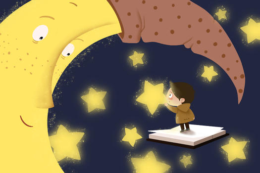 站在魔法书上飞向月亮的小男孩图片素材免费下载