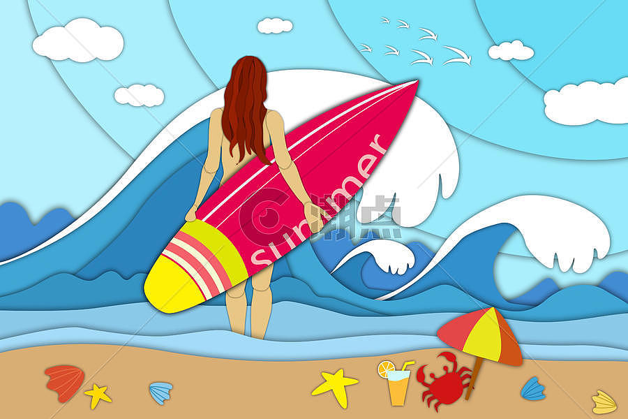 立夏海边沙滩女孩冲浪剪纸卡通图片素材免费下载