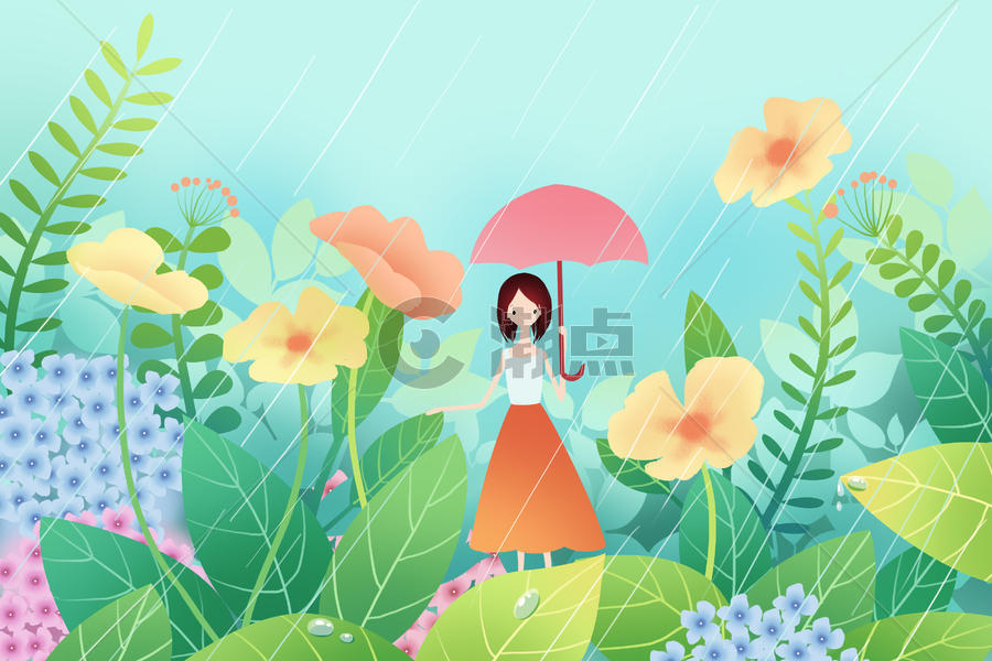 花丛中打伞的少女图片素材免费下载