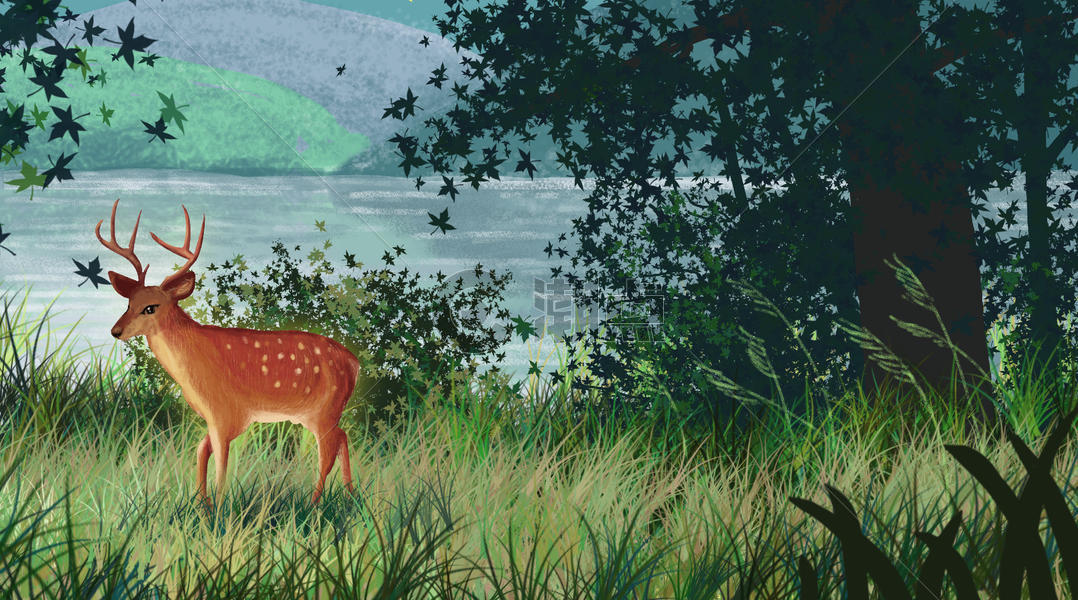 湖边树林的鹿图片素材免费下载