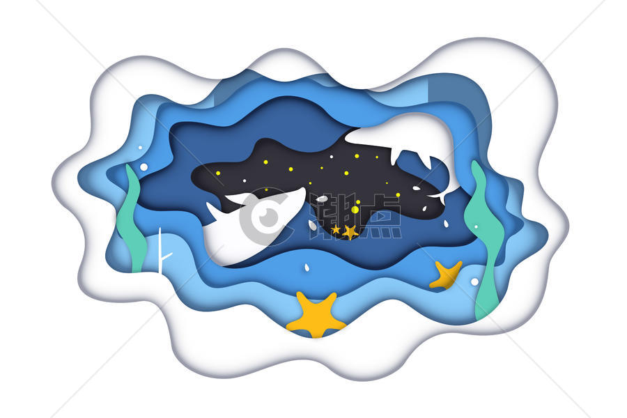 海鲸剪纸插画图片素材免费下载