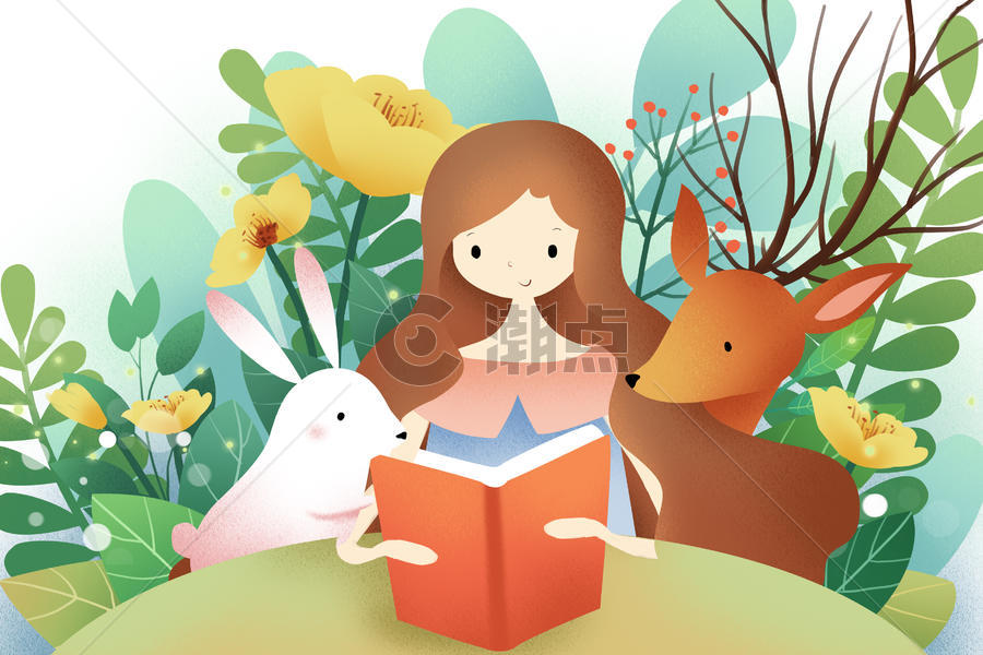 花丛里阅读的少女和动物图片素材免费下载