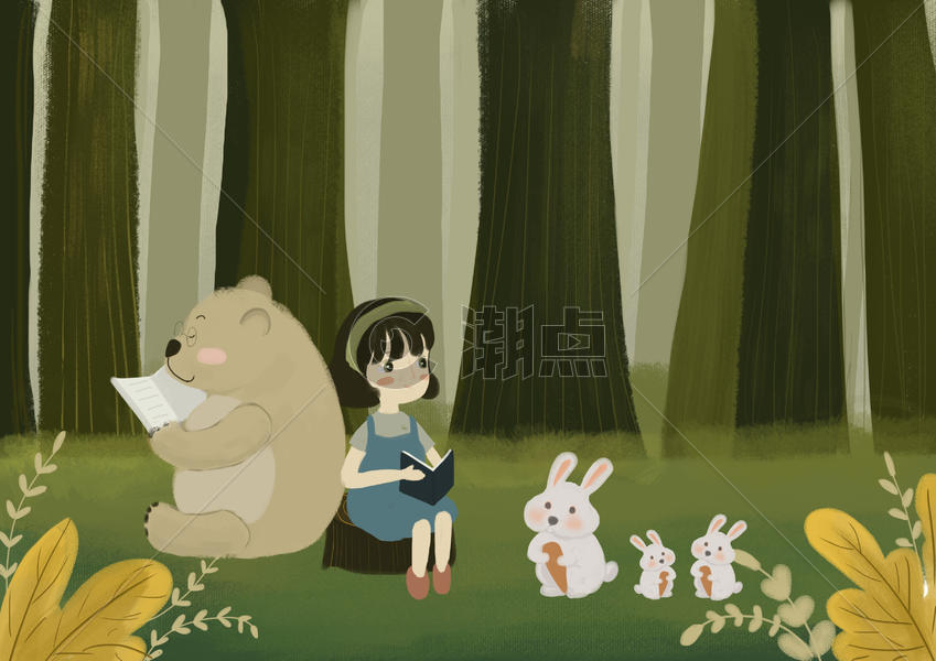 森林里看书的小女孩图片素材免费下载