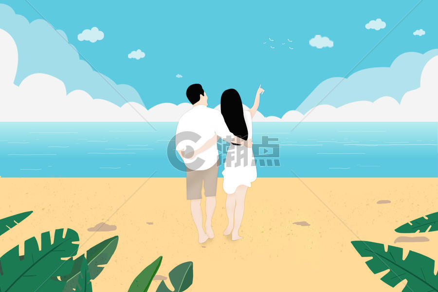 海边眺望天空的情侣背影图片素材免费下载