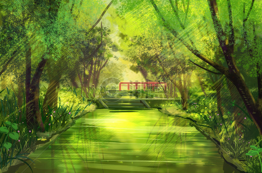 水の色-夏天树林阳光水面图片素材免费下载
