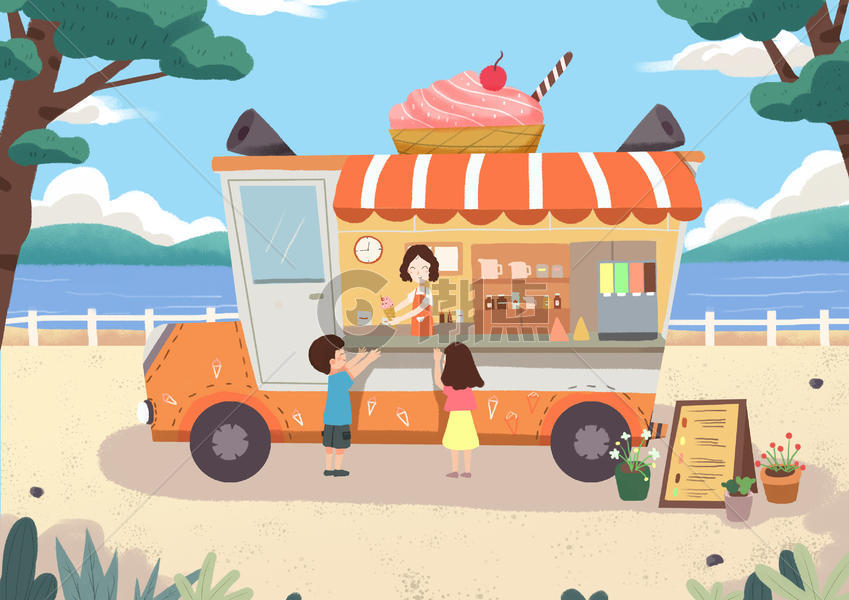 冰淇淋车 夏天小朋友买冰淇淋图片素材免费下载