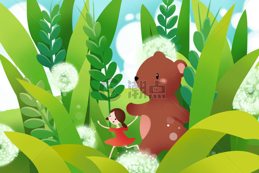 草丛间的小女孩与熊图片素材免费下载