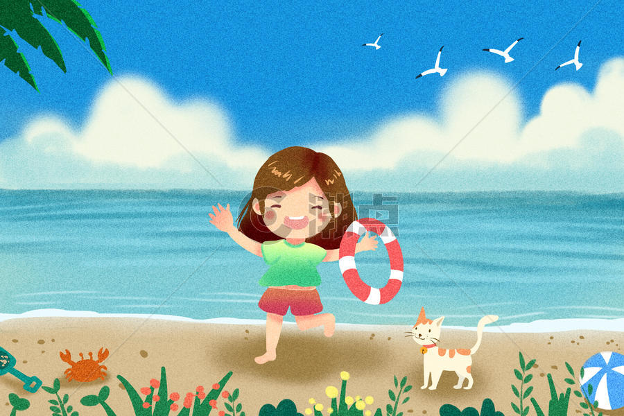 女孩在海边玩耍图片素材免费下载