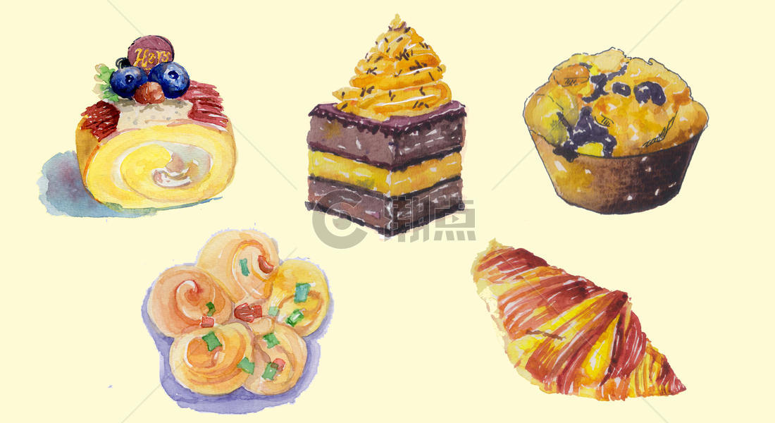 手绘水彩蛋糕甜品图片素材免费下载
