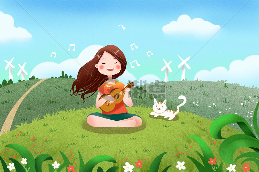 女孩坐草地上唱歌图片素材免费下载