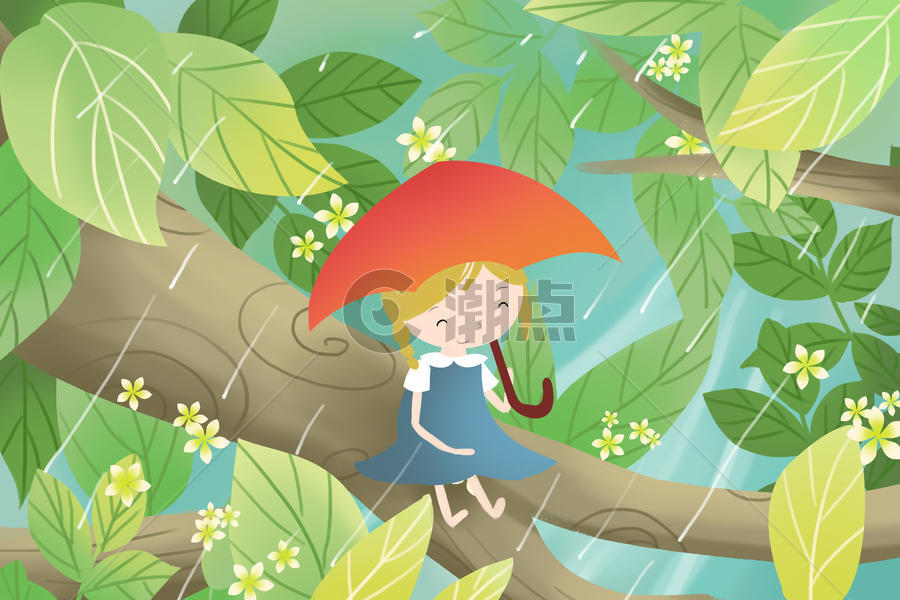 树上躲雨的小女孩图片素材免费下载