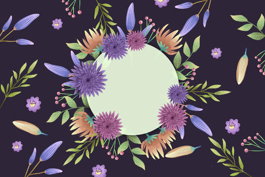 黑底粉紫色花卉圆形边框背景图片素材免费下载
