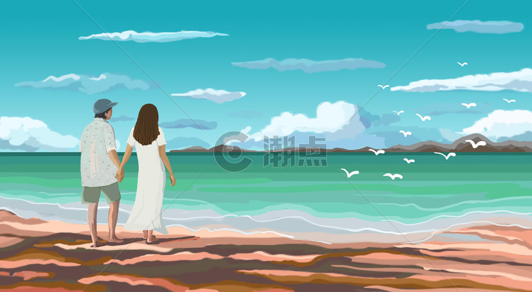 散步海边的情侣插画场景图片素材免费下载