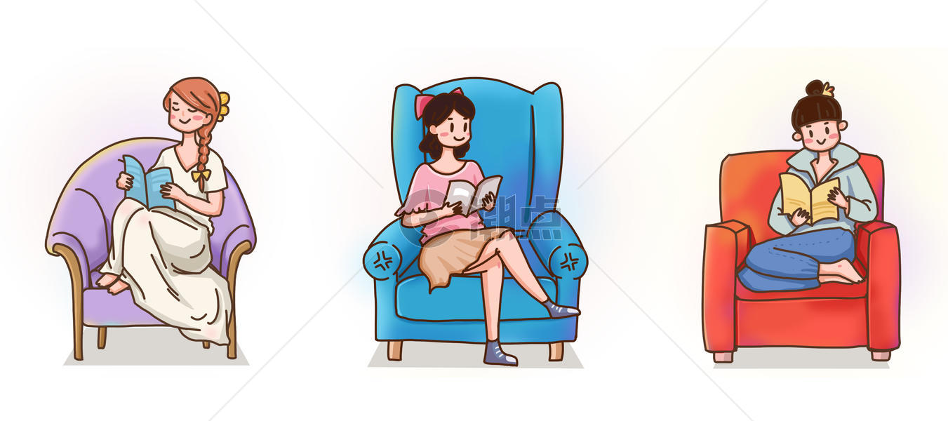 沙发上看书的女孩们图片素材免费下载