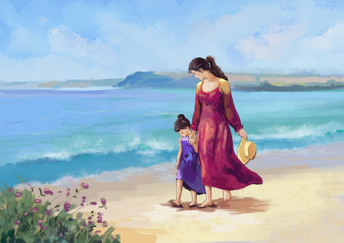 母女海边散步图片素材免费下载
