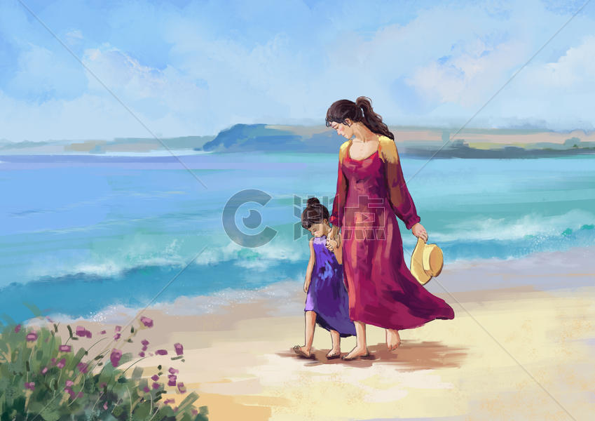 母女海边散步图片素材免费下载
