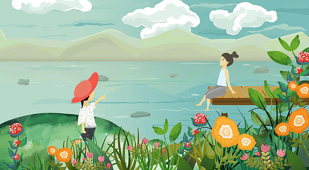 湖边的男孩与女孩插画场景图片素材免费下载