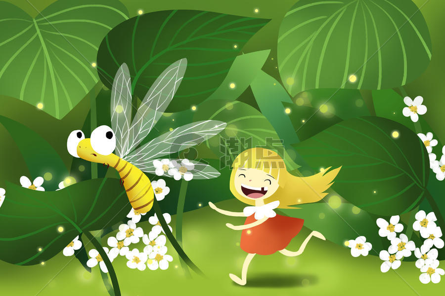 追逐蜻蜓的小女孩图片素材免费下载