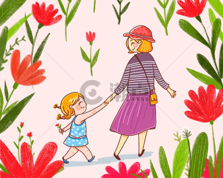 母亲节牵手插画图片素材免费下载