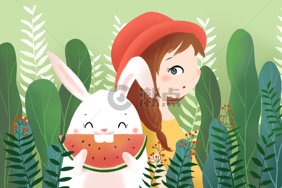 偷吃西瓜的小白兔图片素材免费下载