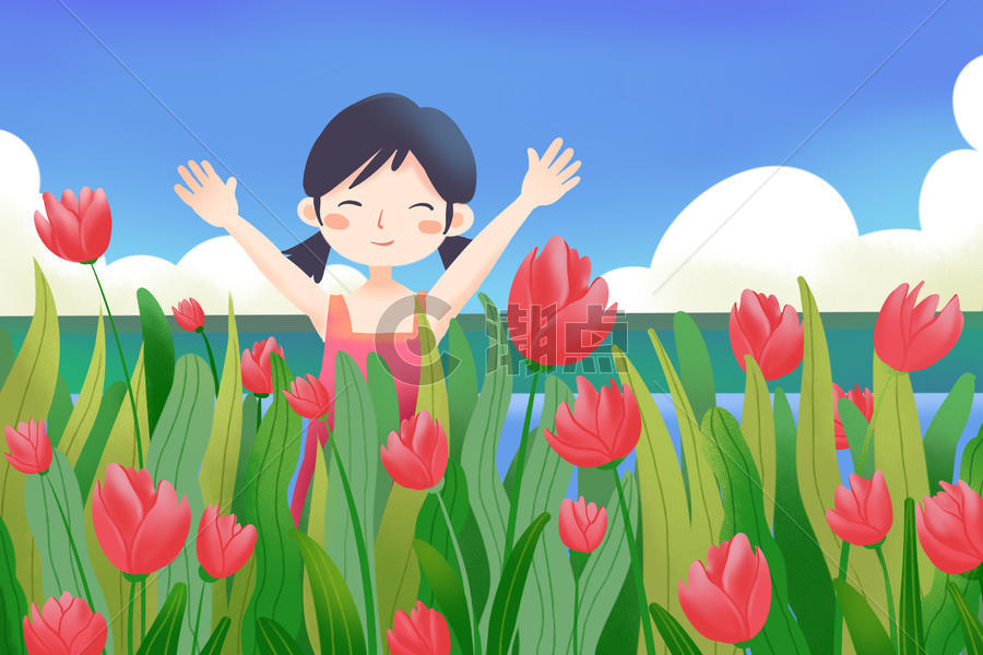 花丛中玩耍的女孩图片素材免费下载