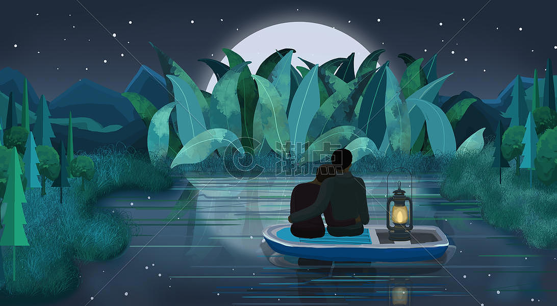 月光下的情侣浪漫插画场景图片素材免费下载
