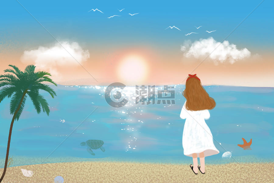 夏日海边看日落的女孩图片素材免费下载
