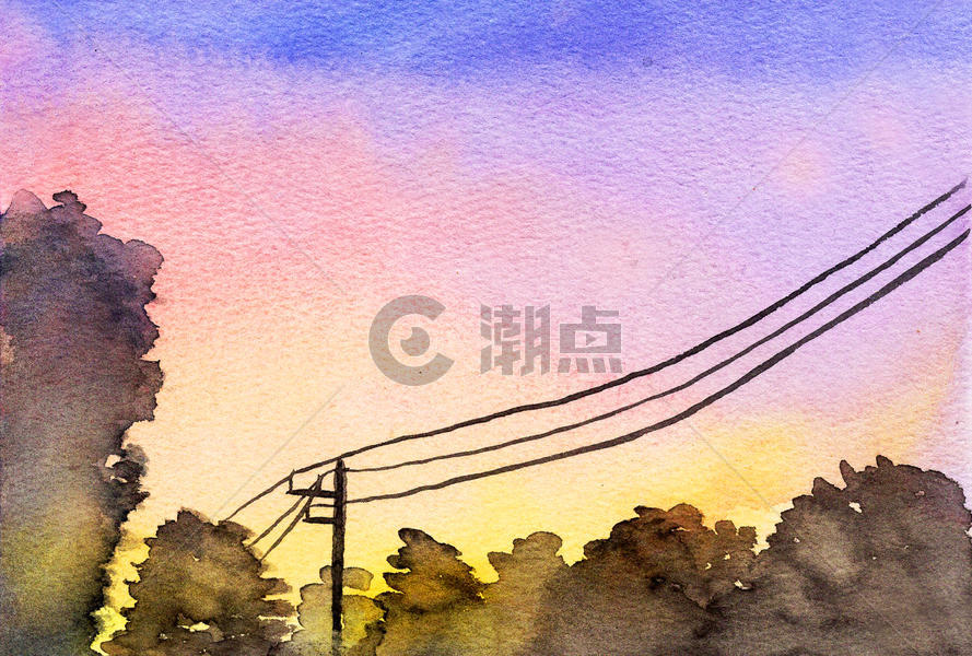 水彩手绘夕阳图片素材免费下载