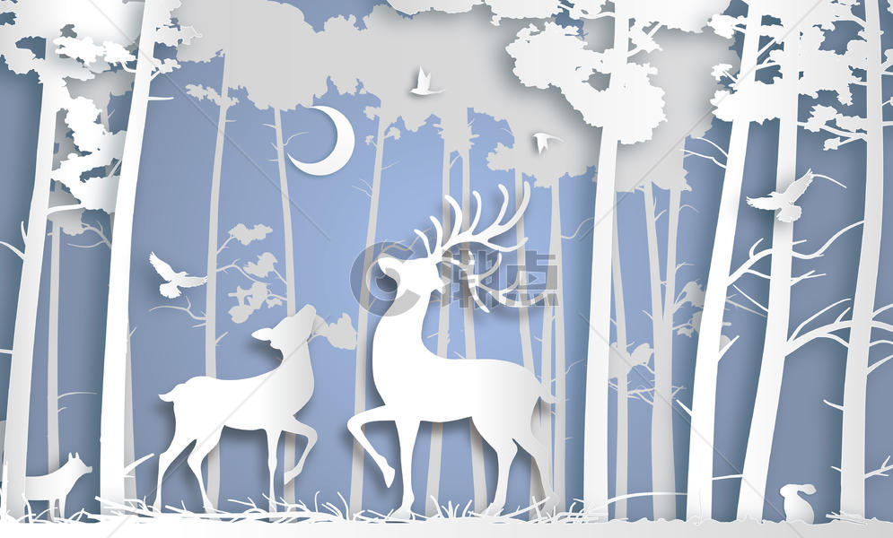剪纸风森林鹿图片素材免费下载