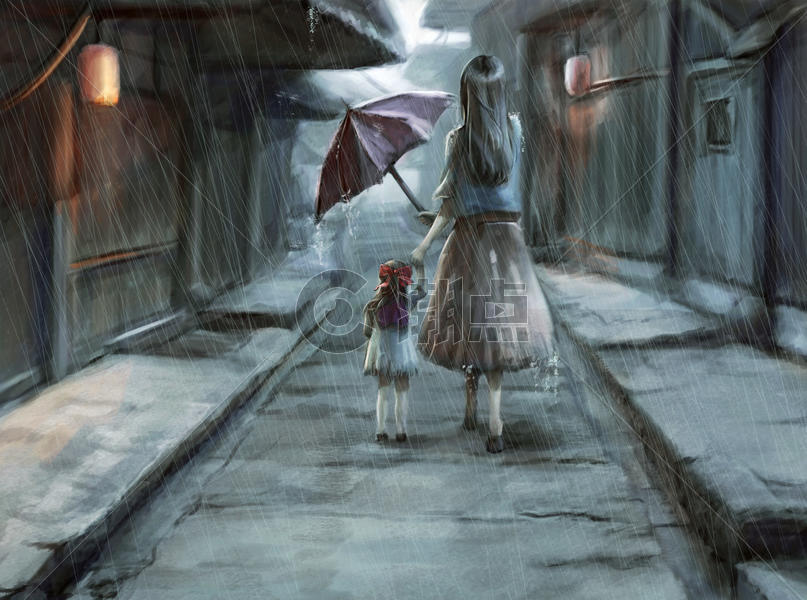 下雨的街道 母亲给女儿打伞图片素材免费下载