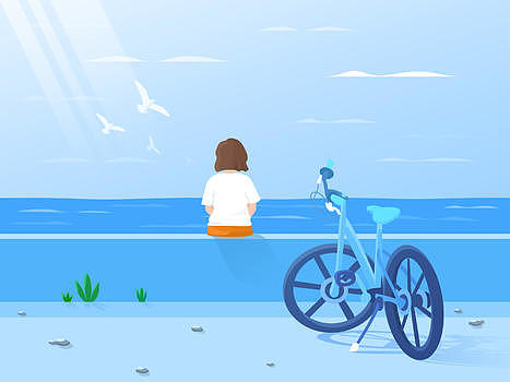 自行车小女孩看大海插画设计图片素材免费下载