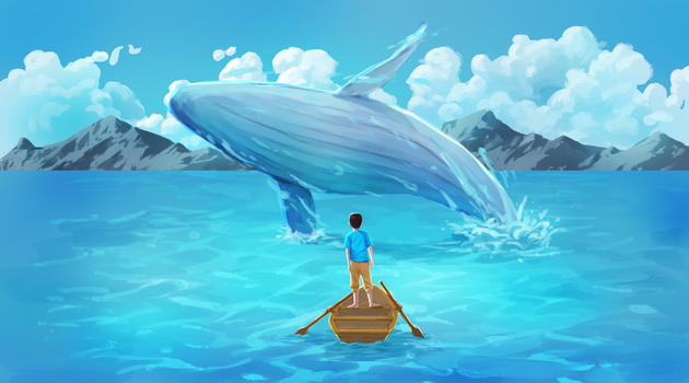 去海边游玩与鲸鱼相遇的少年图片素材免费下载