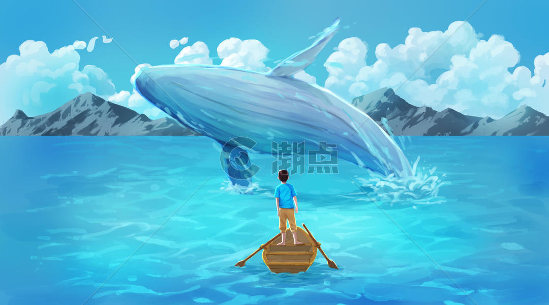 去海边游玩与鲸鱼相遇的少年图片素材免费下载