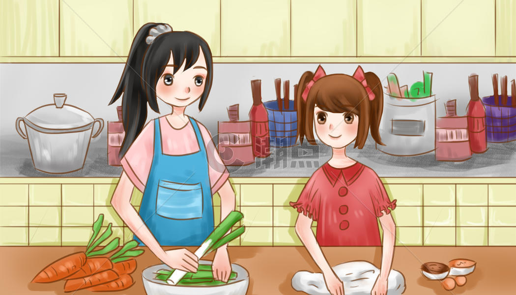 母亲节少女厨房做饭漫画图片素材免费下载
