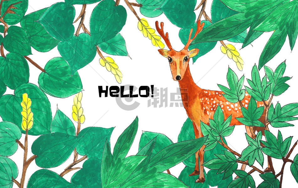 手绘水彩热带植物和小鹿图片素材免费下载