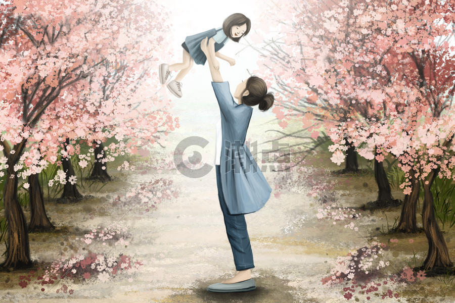 母亲节樱花树下母子嬉戏图片素材免费下载