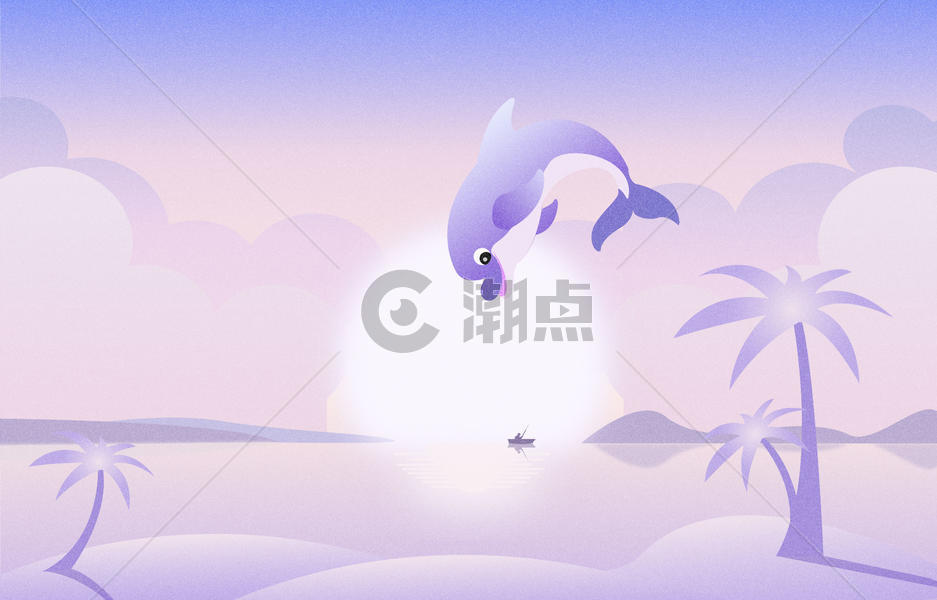 紫色海边海豚飞跃海报图片素材免费下载