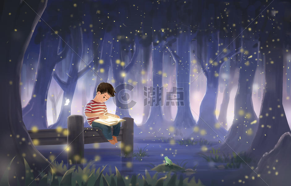 森林中看书的小男孩图片素材免费下载