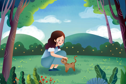 森林里的少女和猫图片素材免费下载