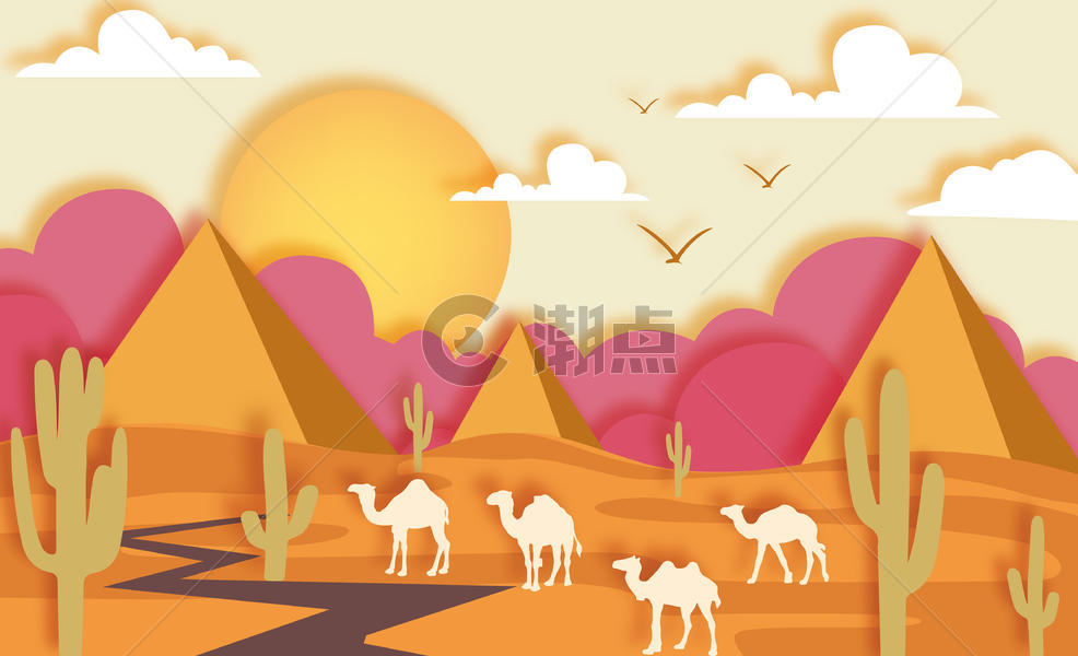 沙漠骆驼剪纸风图片素材免费下载