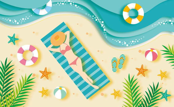 夏天沙滩剪纸风图片素材免费下载