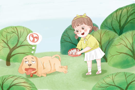 儿童插画小女孩喂小狗图片素材免费下载