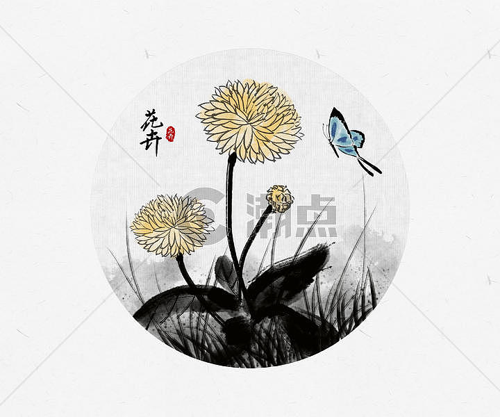 花卉蝴蝶中国风水墨画图片素材免费下载
