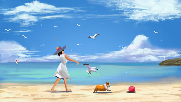 海滩人物风景插画图片素材免费下载