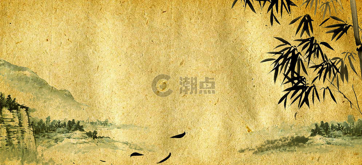 中国国画旧纸背景 竹子远山图片素材免费下载